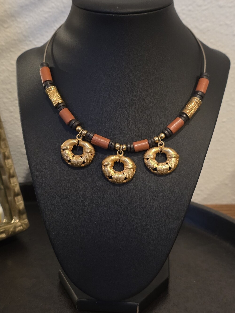 Vintage Inca Textured Gold & Terracotta Bead Statement Collar Necklace